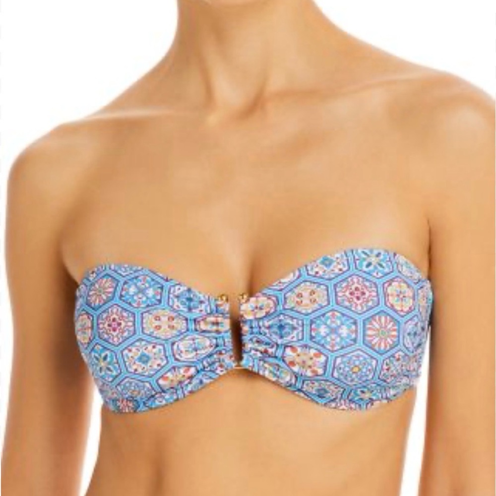SOLID & STRIPED Blue and White Mosaic patten Bandeau Bikini Top